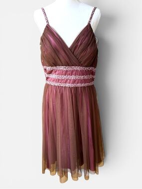 Vintage 90s JS Boutique Pink Brown Beaded Pearls Tulle Midi Dress Sz 14
